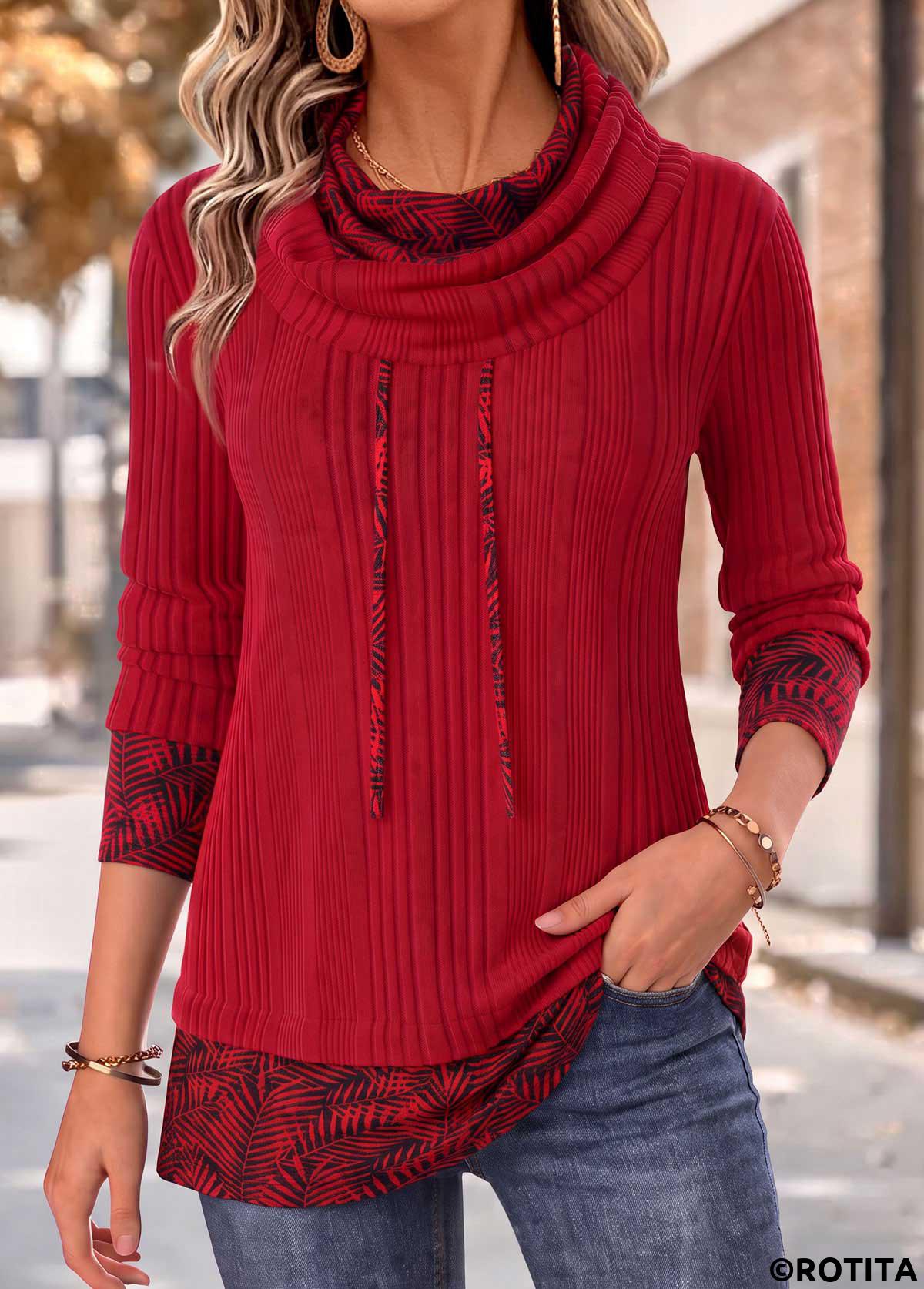 Red tops,Plants tops,ROTITA Fake 2in1 Leaf Print Red Cowl Neck Sweatshirt
