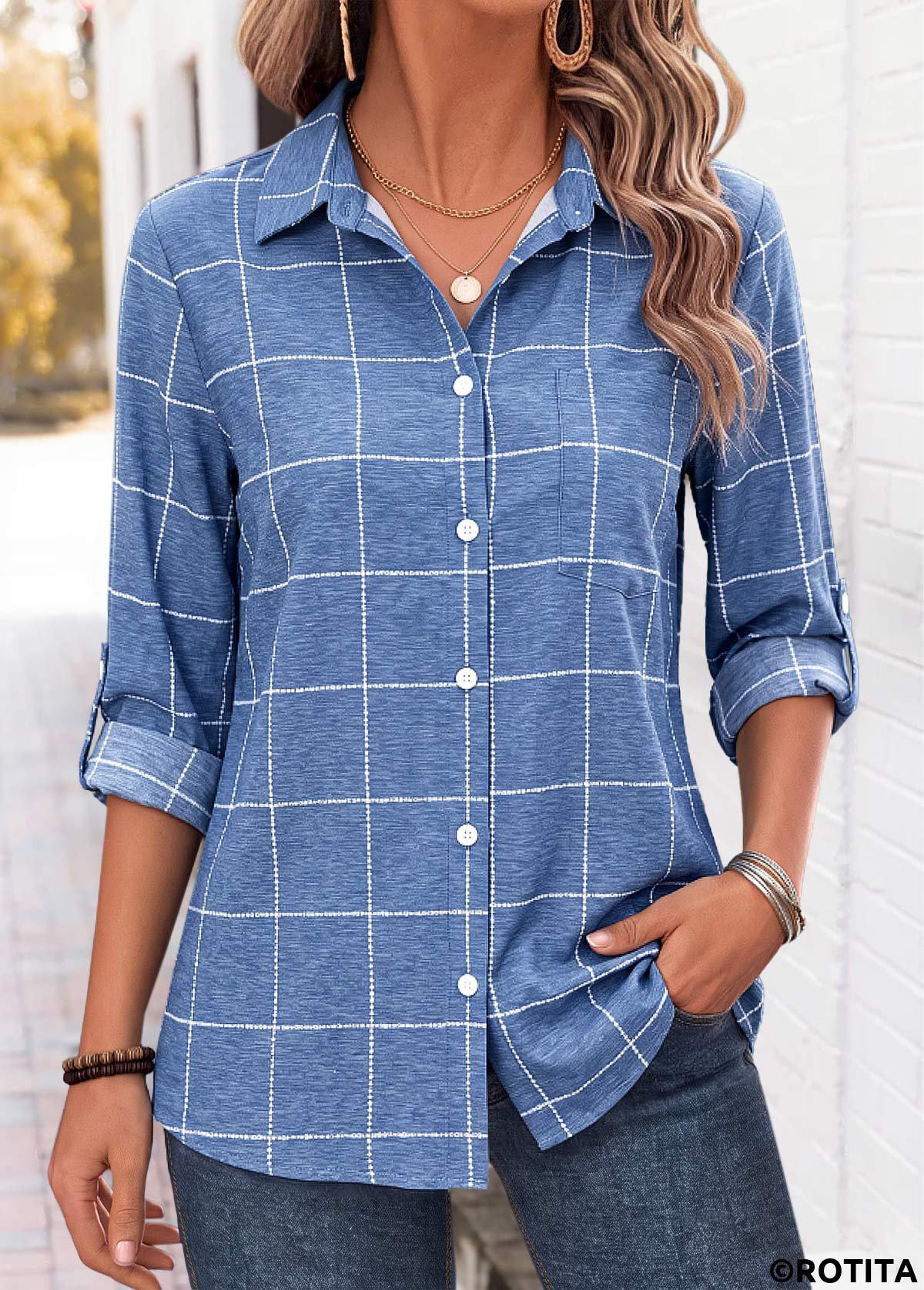 Denim Blue tops,Plaid tops,Geometric tops,ROTITA Tummy Coverage Plaid Denim Blue 3/4 Sleeve Shirt
