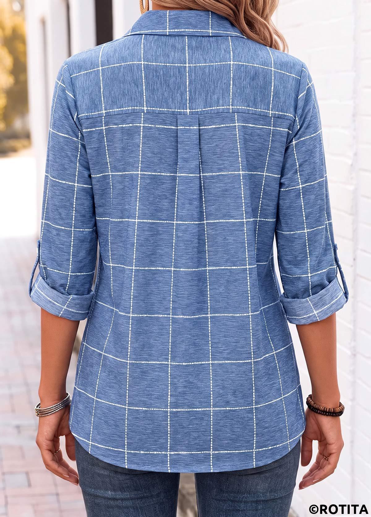 Denim Blue tops,Plaid tops,Geometric tops,ROTITA Tummy Coverage Plaid Denim Blue 3/4 Sleeve Shirt