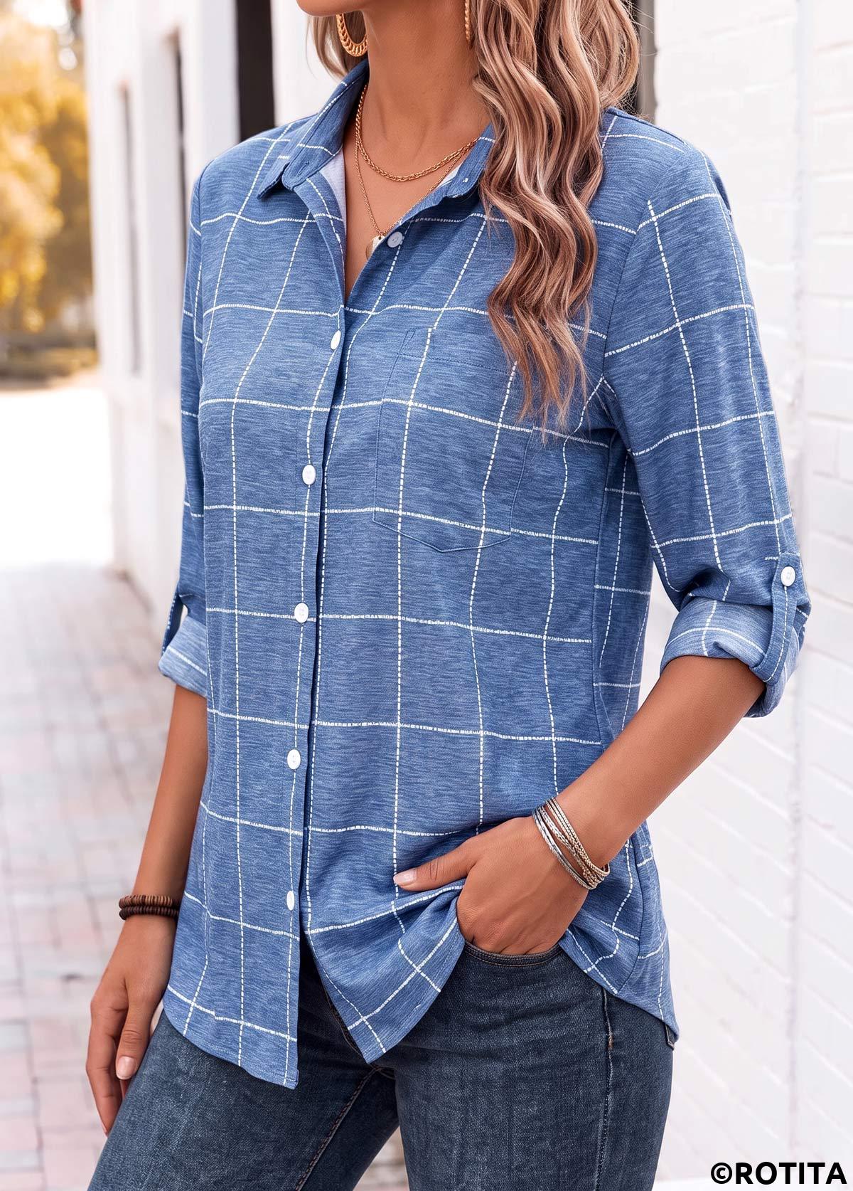Denim Blue tops,Plaid tops,Geometric tops,ROTITA Tummy Coverage Plaid Denim Blue 3/4 Sleeve Shirt