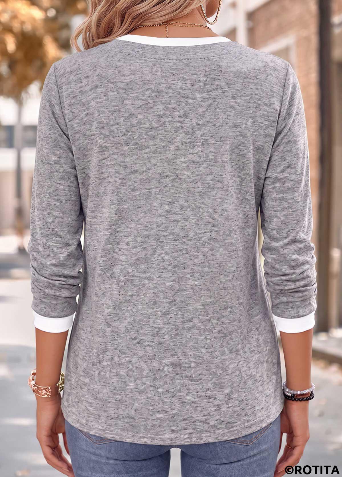 Light Grey Marl tops,Contrast Color tops,ROTITA Fake 2in1 Light Grey Marl Scoop Neck T Shirt
