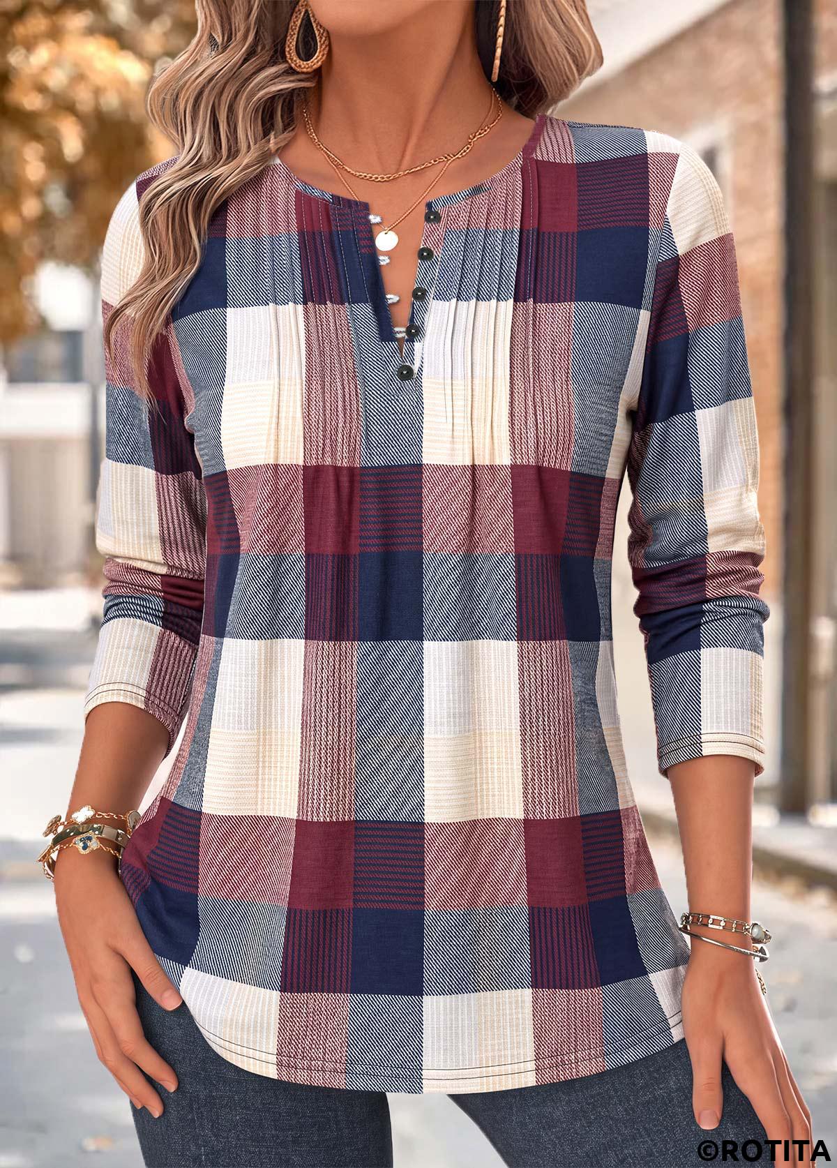 Multi Color tops,Plaid tops,Geometric tops,ROTITA Tuck Stitch Plaid Multi Color Split Neck Blouse