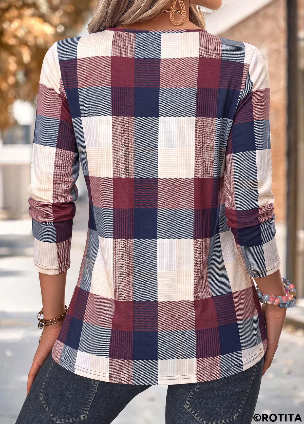 Multi Color tops,Plaid tops,Geometric tops,ROTITA Tuck Stitch Plaid Multi Color Split Neck Blouse