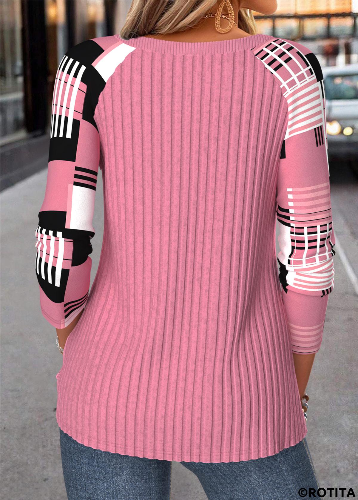 Pink tops,Neon Pink tops,Geometric tops,ROTITA Button Geometric Print Pink Round Neck T Shirt