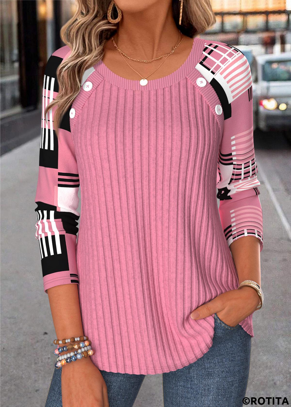 Pink tops,Neon Pink tops,Geometric tops,ROTITA Button Geometric Print Pink Round Neck T Shirt