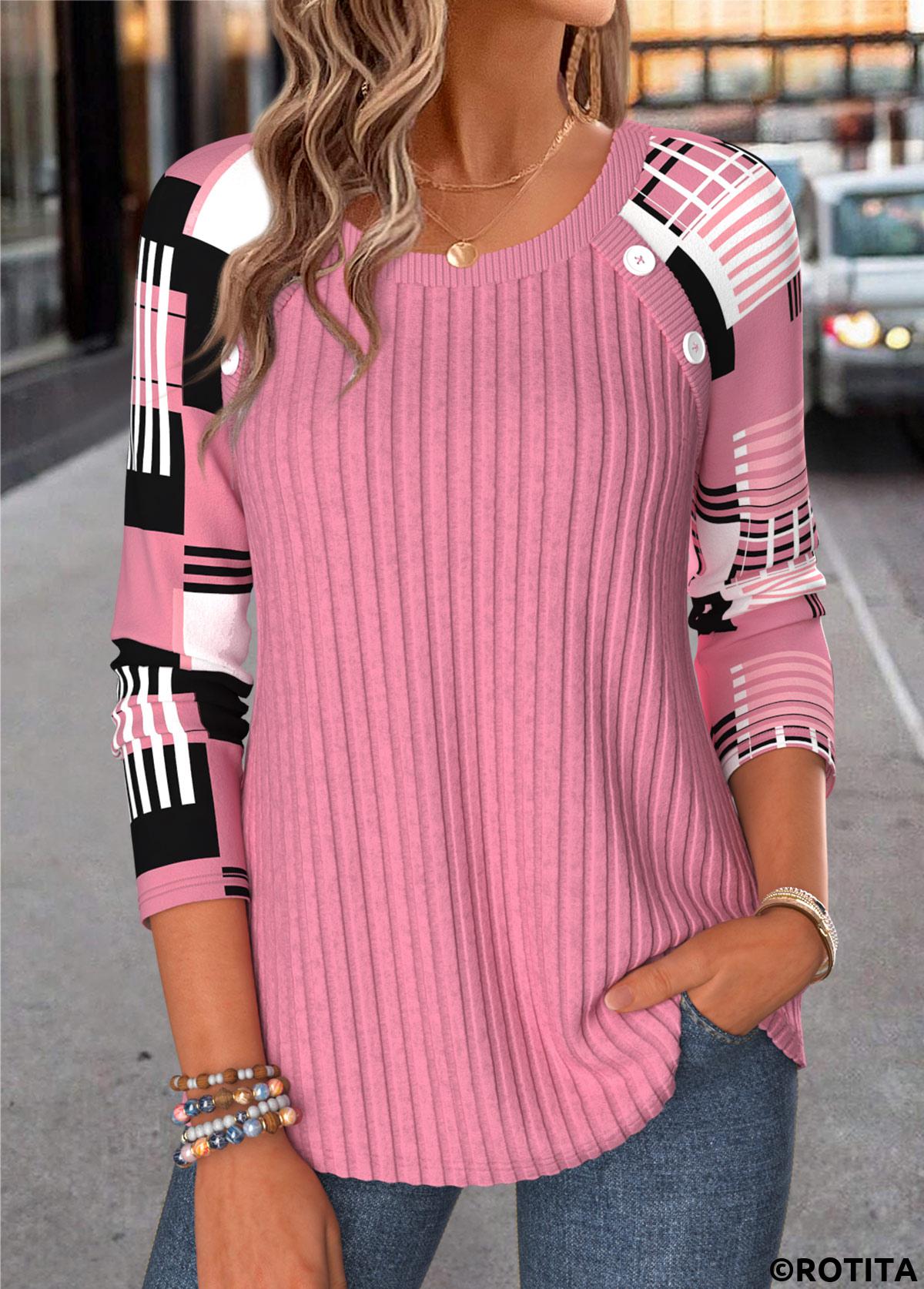 Pink tops,Neon Pink tops,Geometric tops,ROTITA Button Geometric Print Pink Round Neck T Shirt