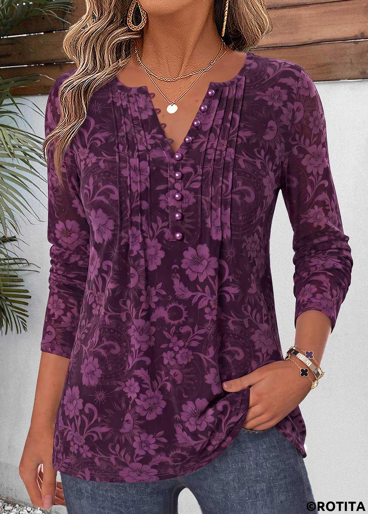 Dark Reddish Purple tops,Floral tops,Plants tops,ROTITA Curved Hem Floral Print Dark Reddish Purple T Shirt