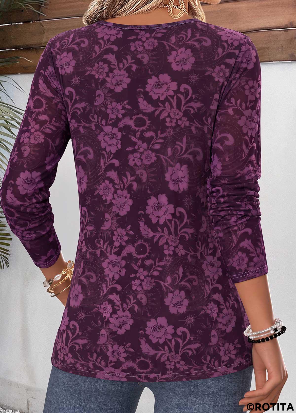 Dark Reddish Purple tops,Floral tops,Plants tops,ROTITA Curved Hem Floral Print Dark Reddish Purple T Shirt