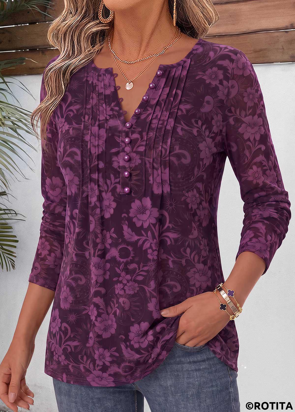 Dark Reddish Purple tops,Floral tops,Plants tops,ROTITA Curved Hem Floral Print Dark Reddish Purple T Shirt