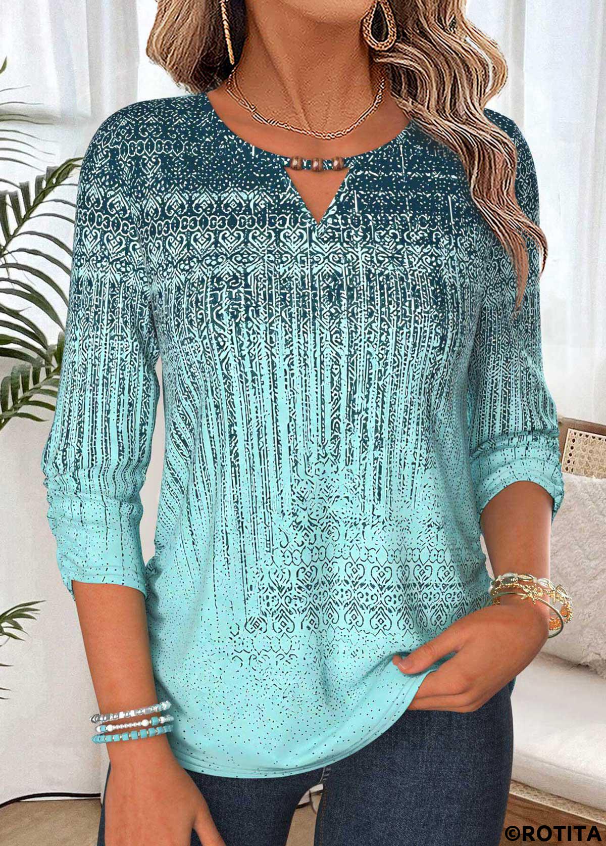 Mint Green tops,Geometric tops,ROTITA Shirred Geometric Print Mint Green 3/4 Sleeve Blouse
