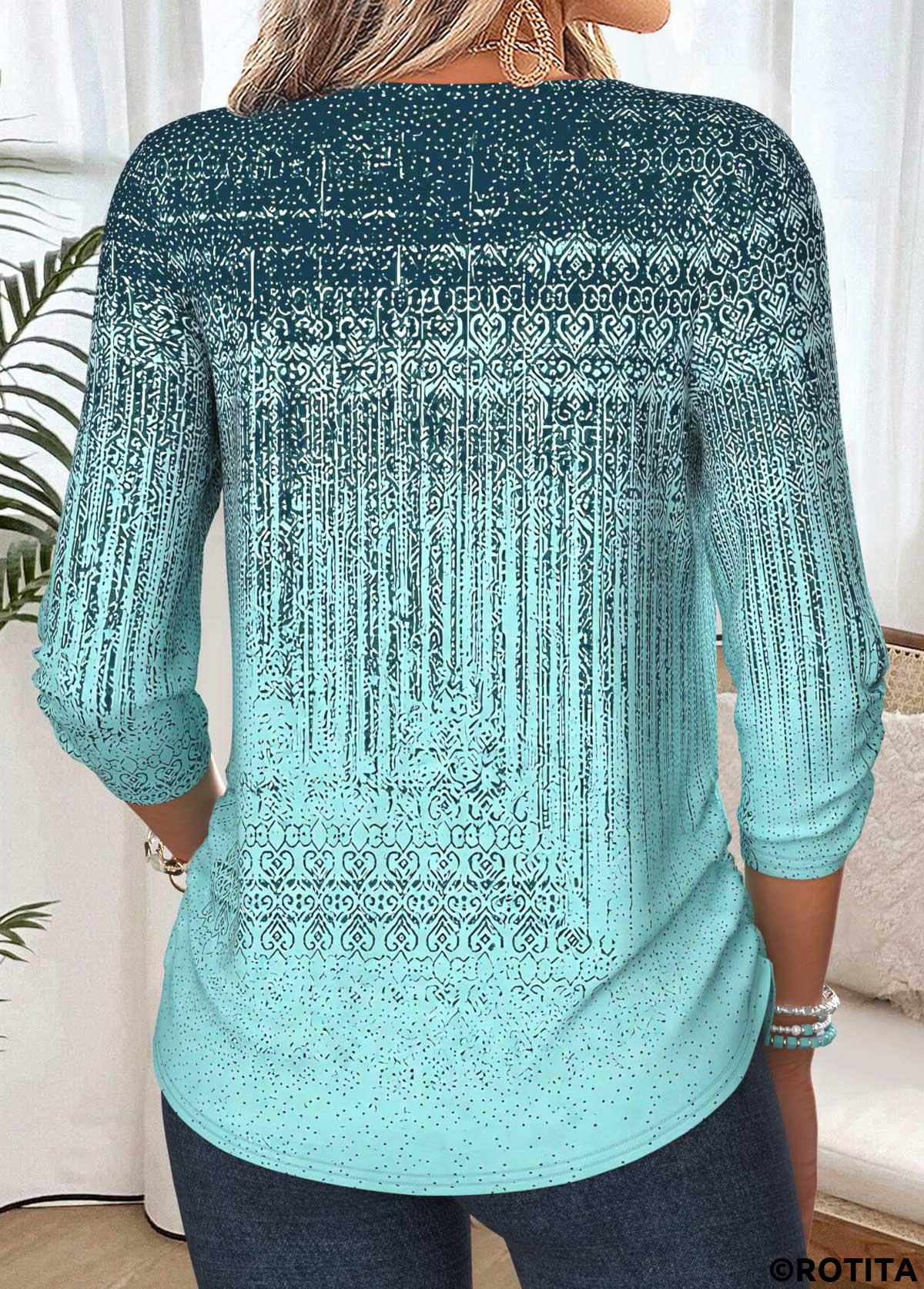 Mint Green tops,Geometric tops,ROTITA Shirred Geometric Print Mint Green 3/4 Sleeve Blouse