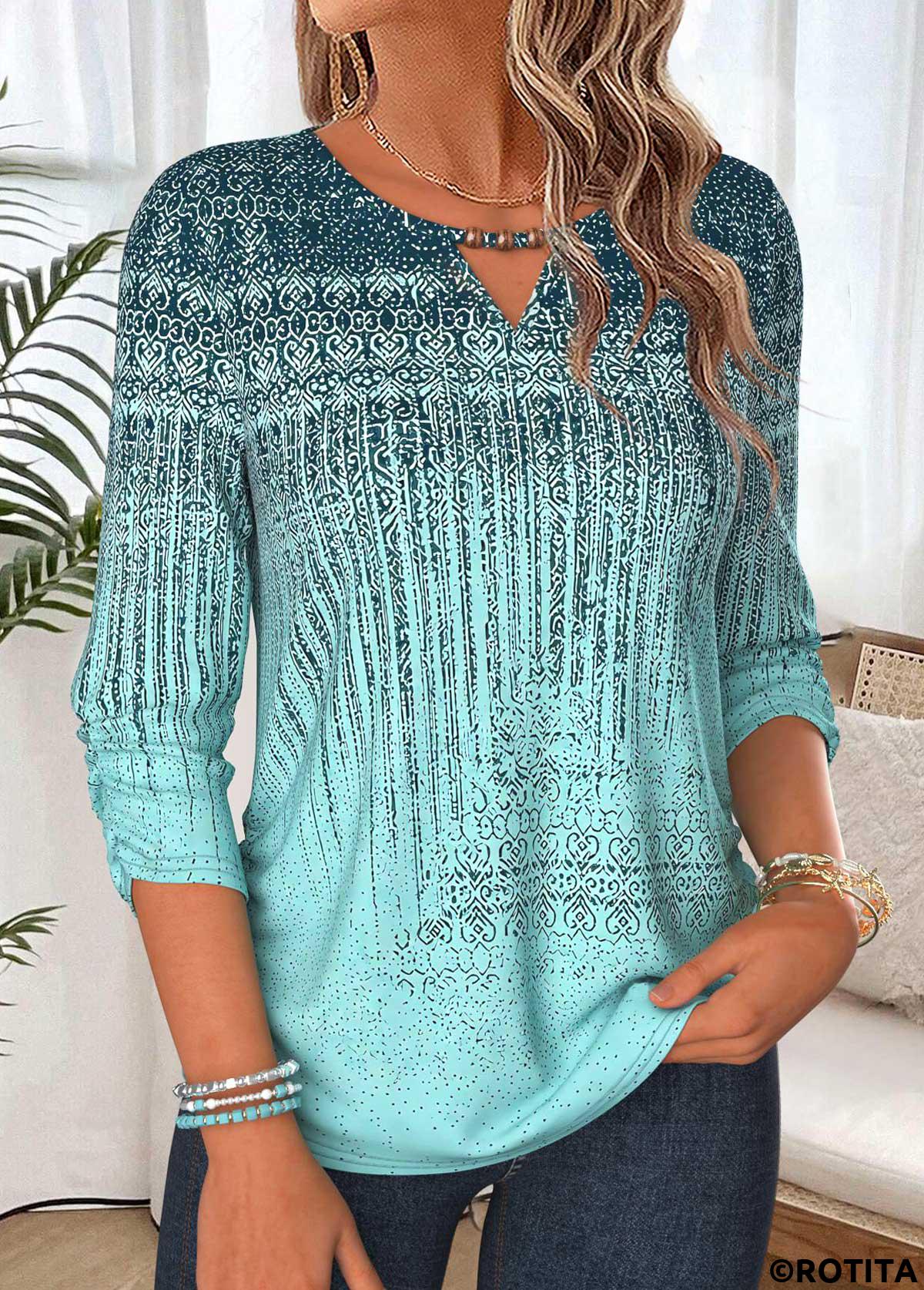 Mint Green tops,Geometric tops,ROTITA Shirred Geometric Print Mint Green 3/4 Sleeve Blouse