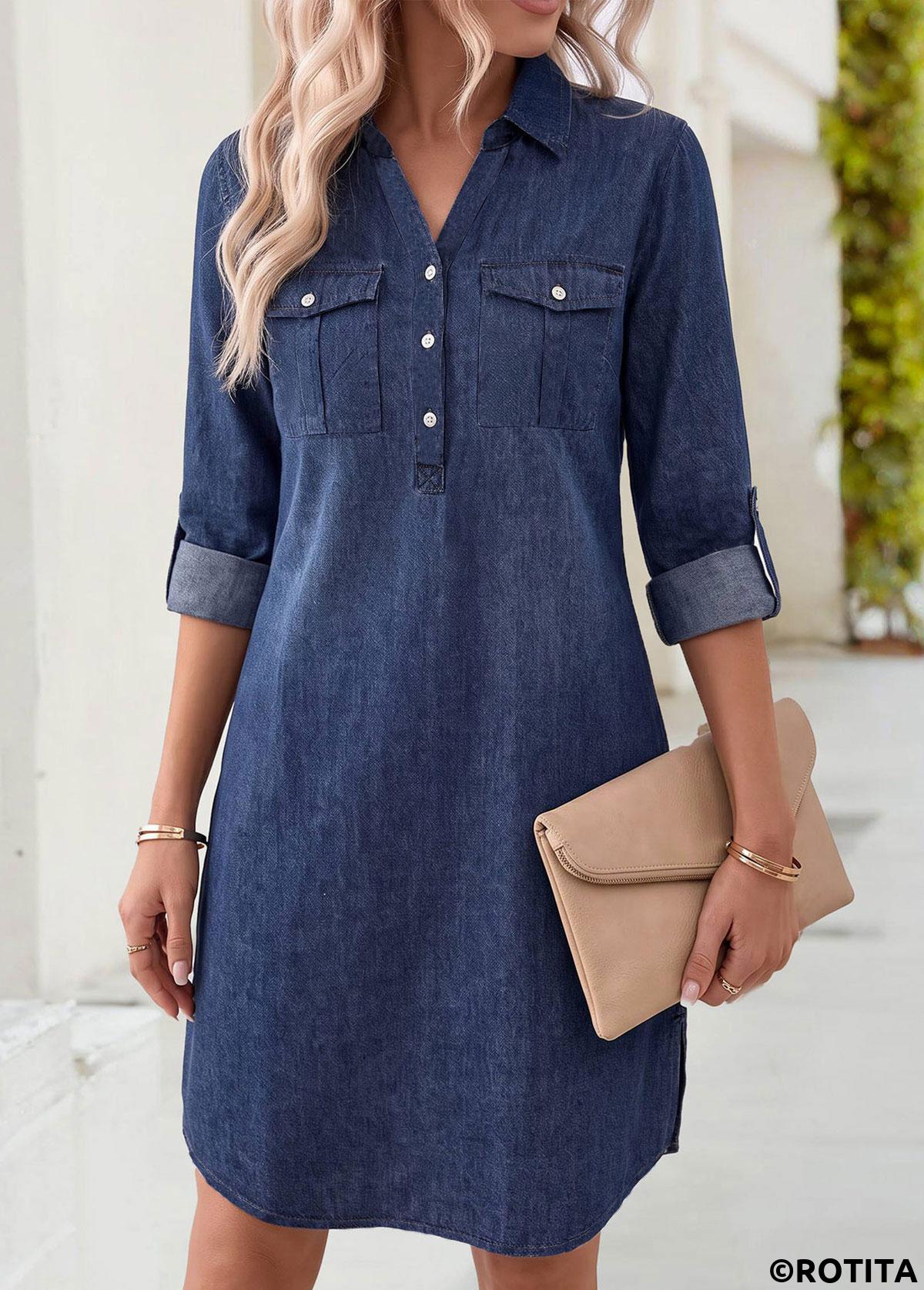 Denim Blue dresses,Plain Color dresses,Everyday dresses,Casual dresses,ROTITA Denim Blue Patch Pocket Short Shirt Collar Dress