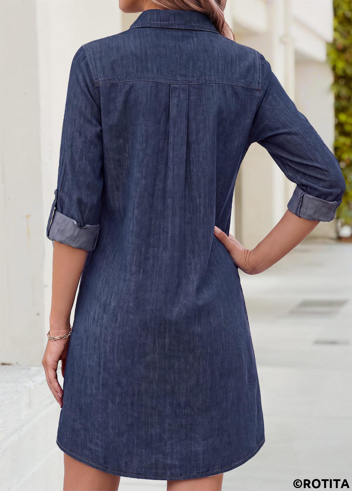 Denim Blue dresses,Plain Color dresses,Everyday dresses,Casual dresses,ROTITA Denim Blue Patch Pocket Short Shirt Collar Dress