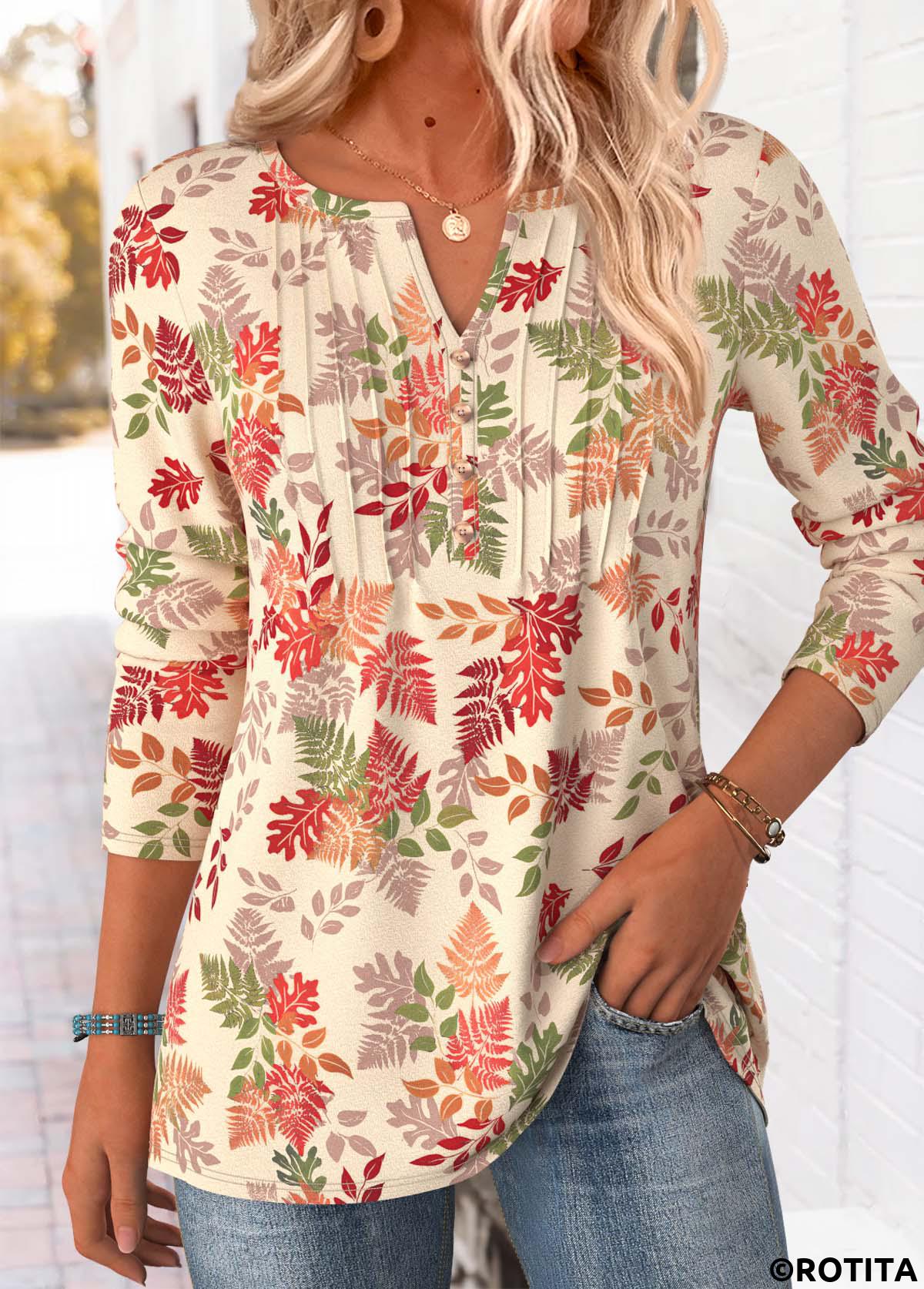 Beige tops,Plants tops,ROTITA Tummy Coverage Leaf Print Green Split Neck T Shirt