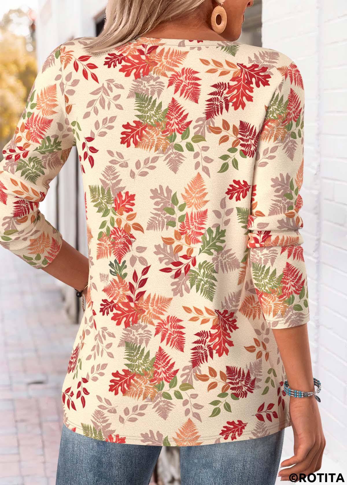 Beige tops,Plants tops,ROTITA Tummy Coverage Leaf Print Green Split Neck T Shirt