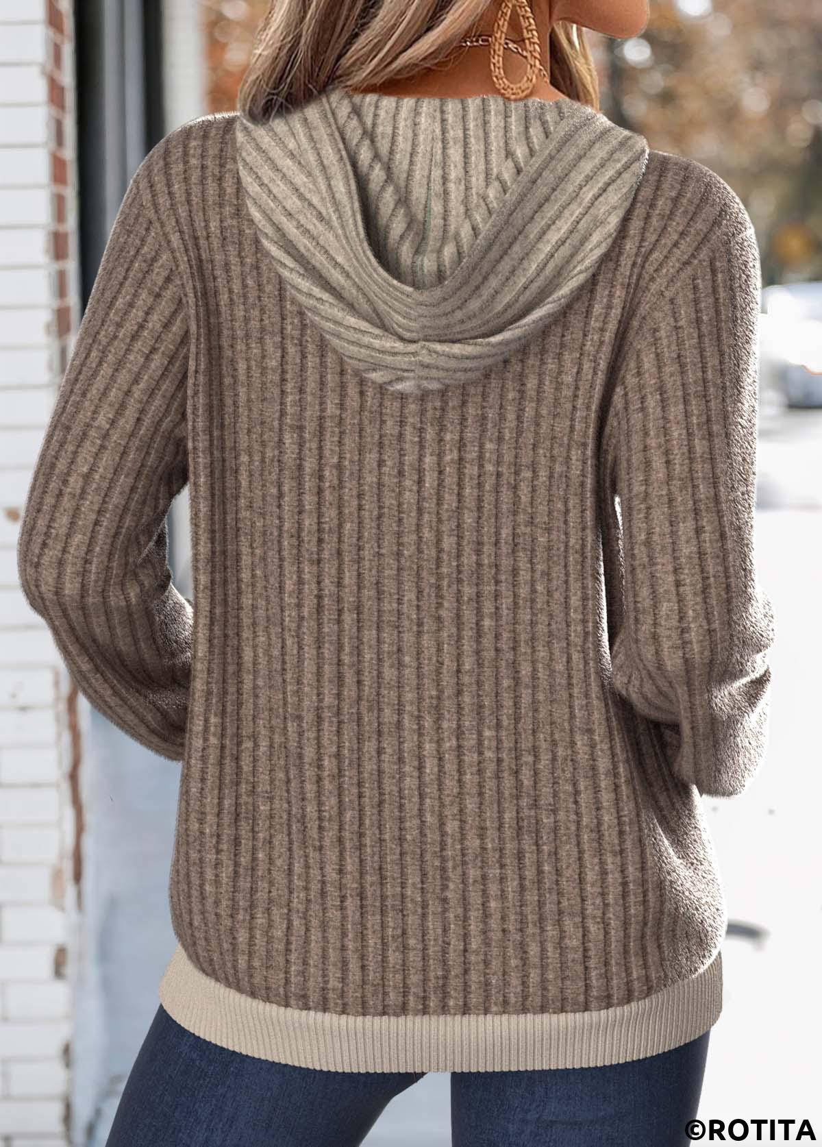 Dark Camel tops,Contrast Color tops,ROTITA Kangaroo Pocket Dark Camel Split Neck Long Sleeve Hoodie