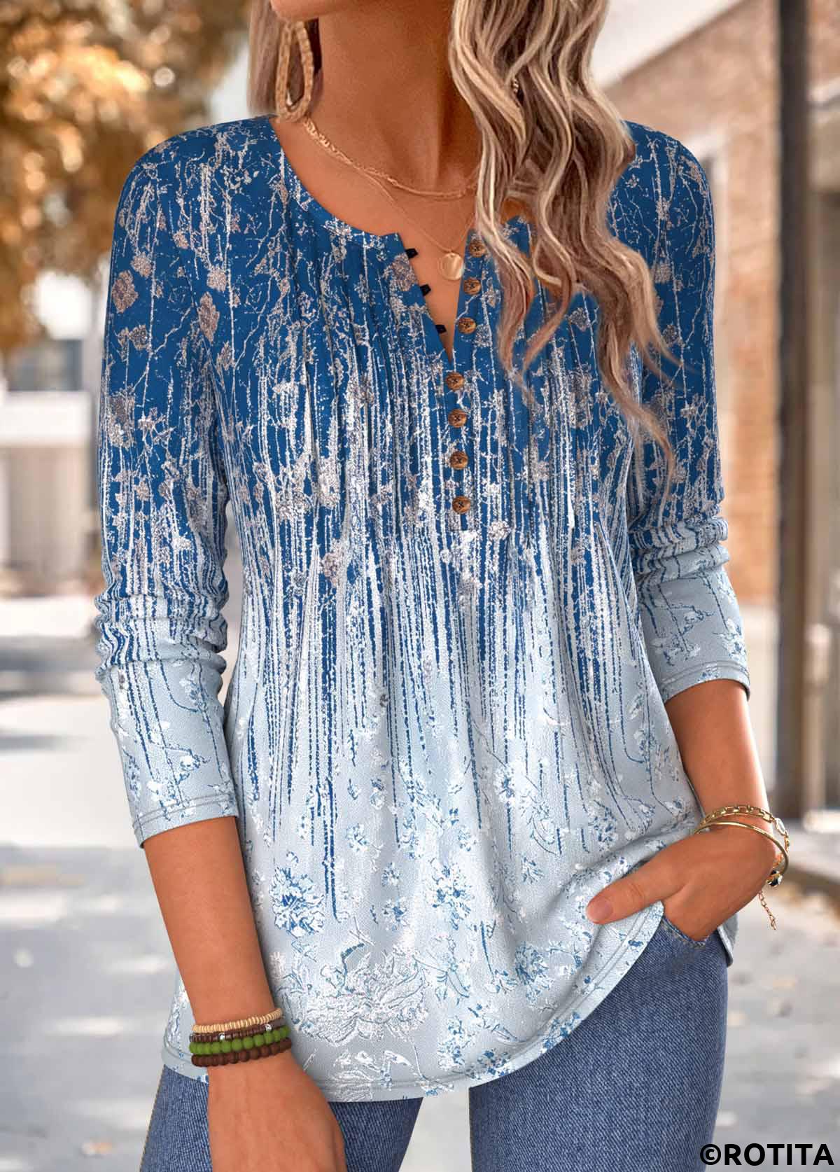 Dark Blue tops,Ombre tops,ROTITA Tuck Stitch Ombre Dark Blue Split Neck T Shirt