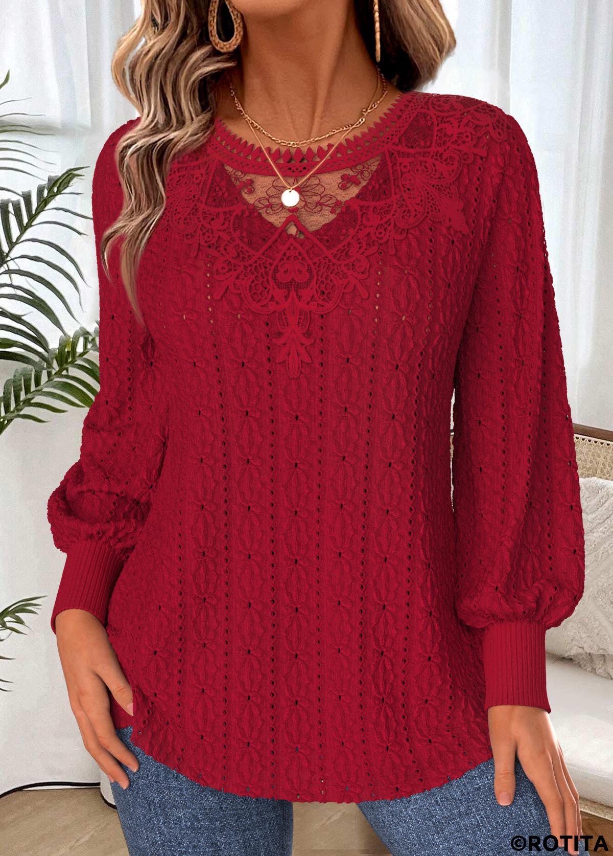 Deep Red tops,Plain Color tops,ROTITA Lace Up Deep Red V Neck T Shirt