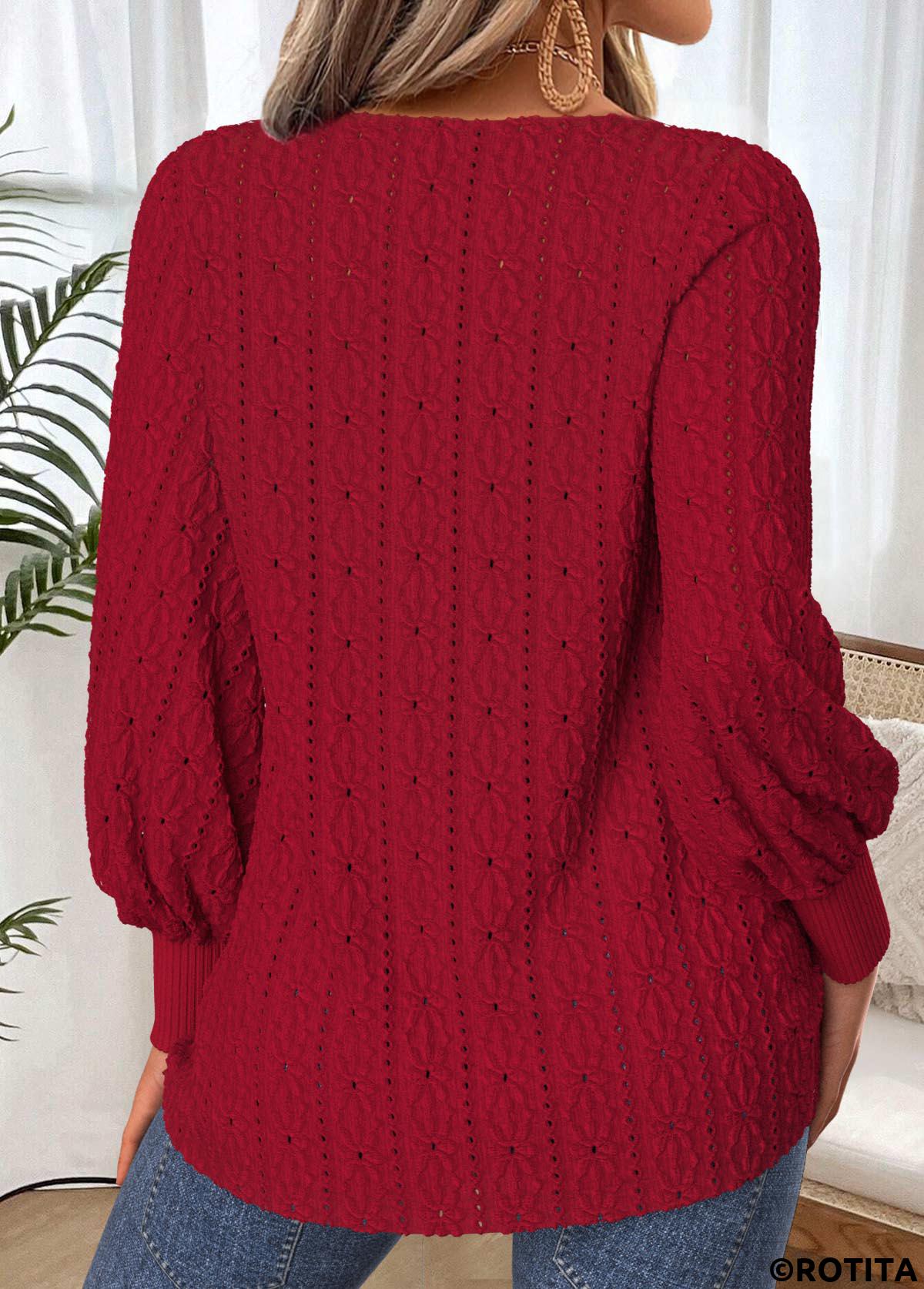 Deep Red tops,Plain Color tops,ROTITA Lace Up Deep Red V Neck T Shirt