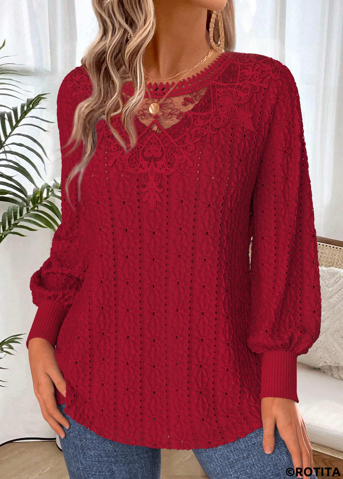 Deep Red tops,Plain Color tops,ROTITA Lace Up Deep Red V Neck T Shirt