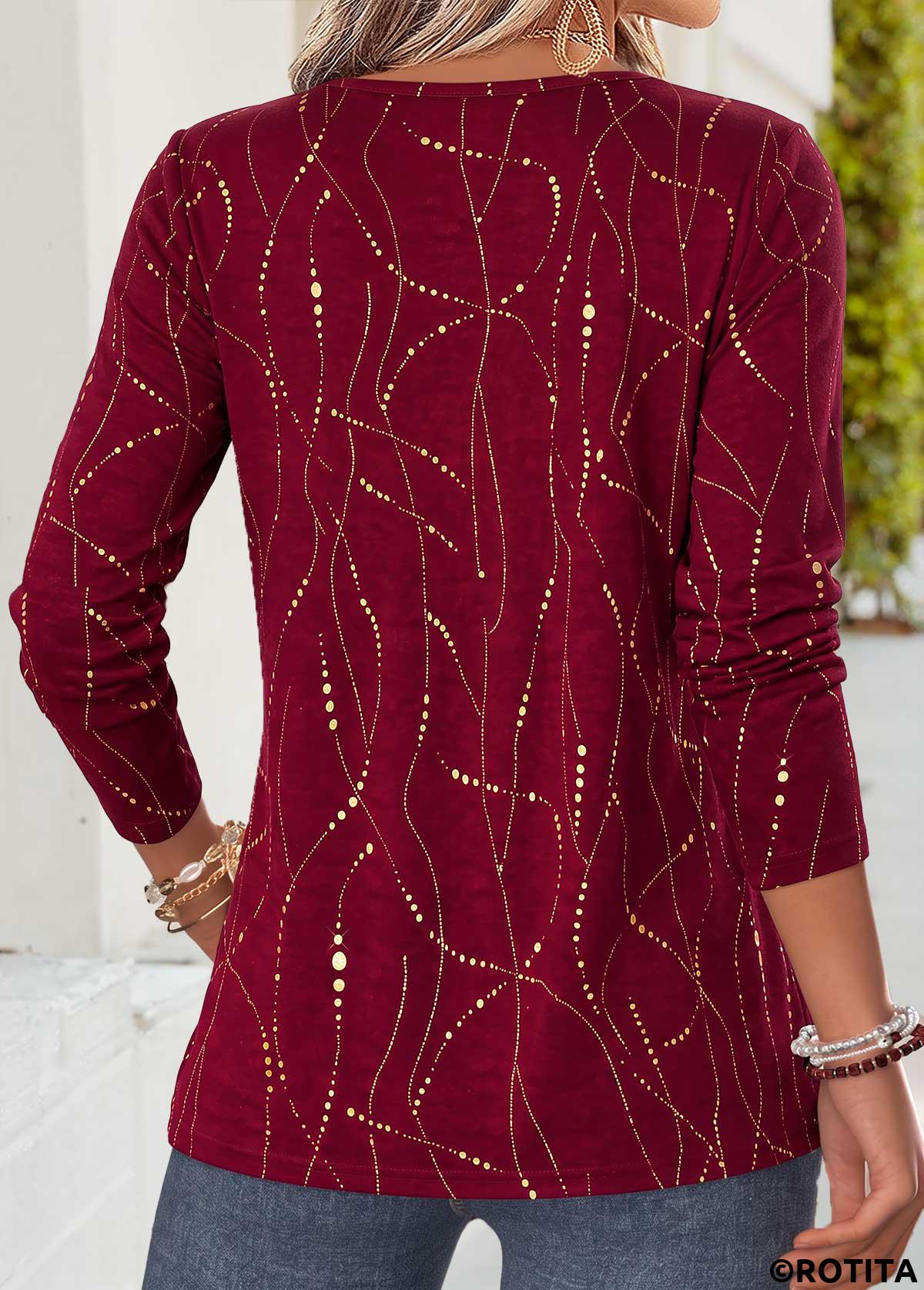 Red tops,Geometric tops,ROTITA Curved Hem Geometric Print Red Split Neck T Shirt