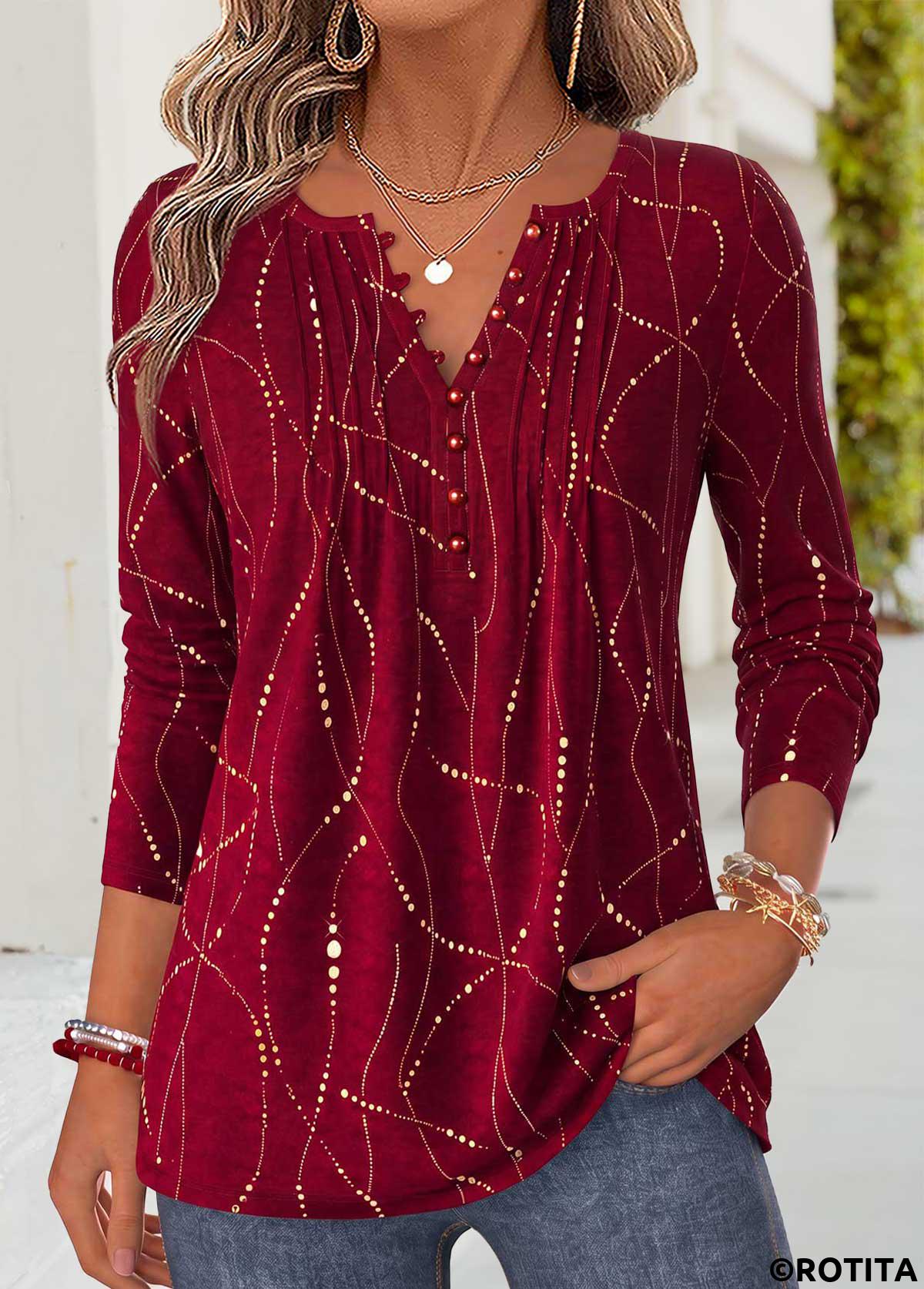 Red tops,Geometric tops,ROTITA Curved Hem Geometric Print Red Split Neck T Shirt