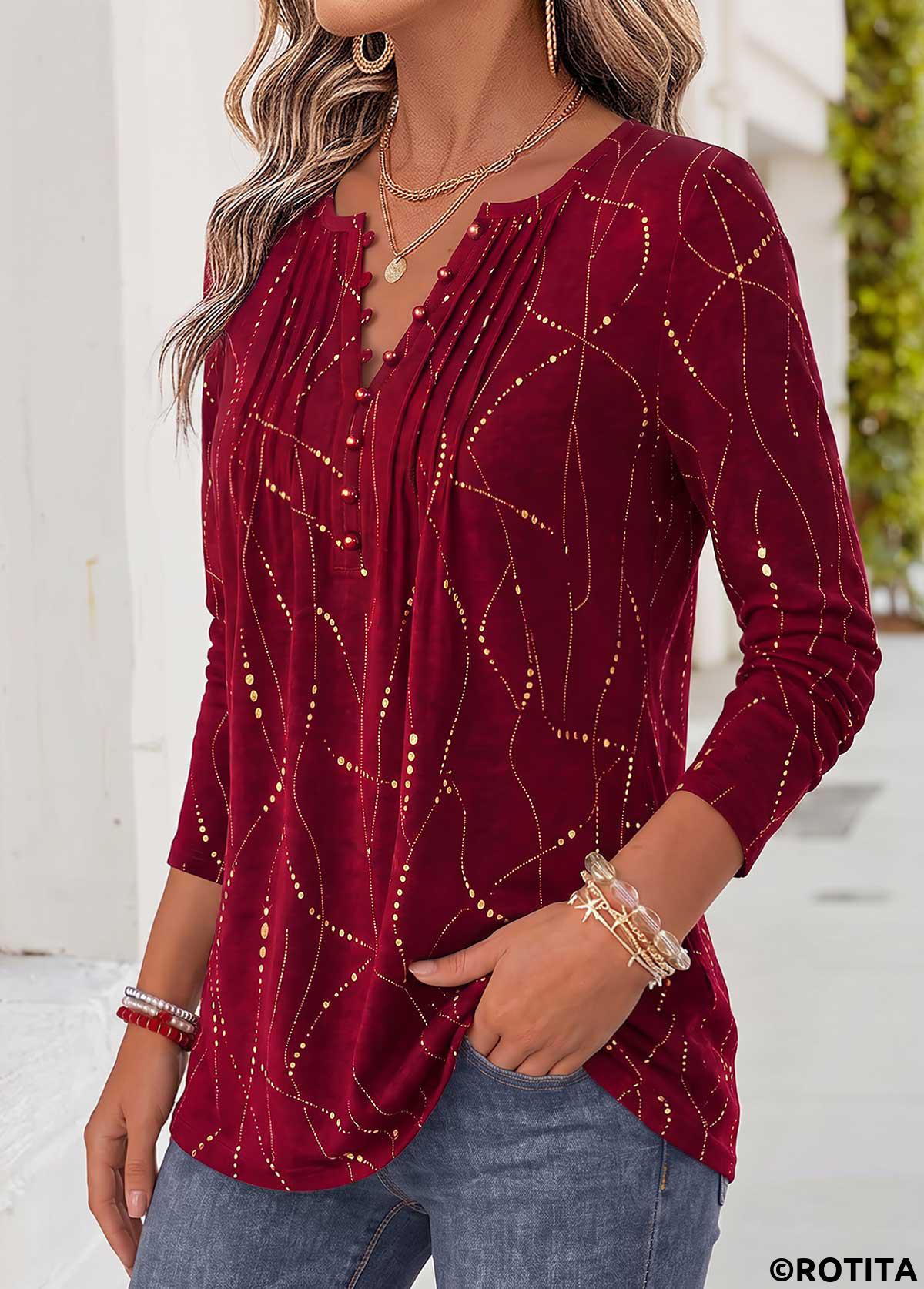 Red tops,Geometric tops,ROTITA Curved Hem Geometric Print Red Split Neck T Shirt