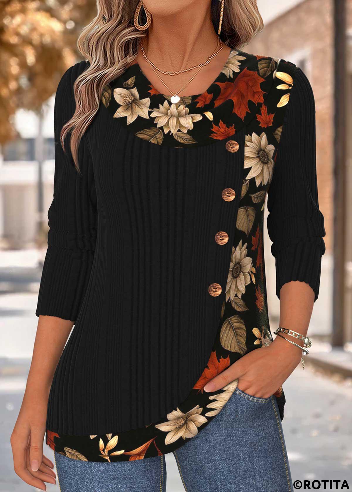 Black tops,Floral tops,Plants tops,ROTITA Patchwork Floral Print Black Draped Neck T Shirt