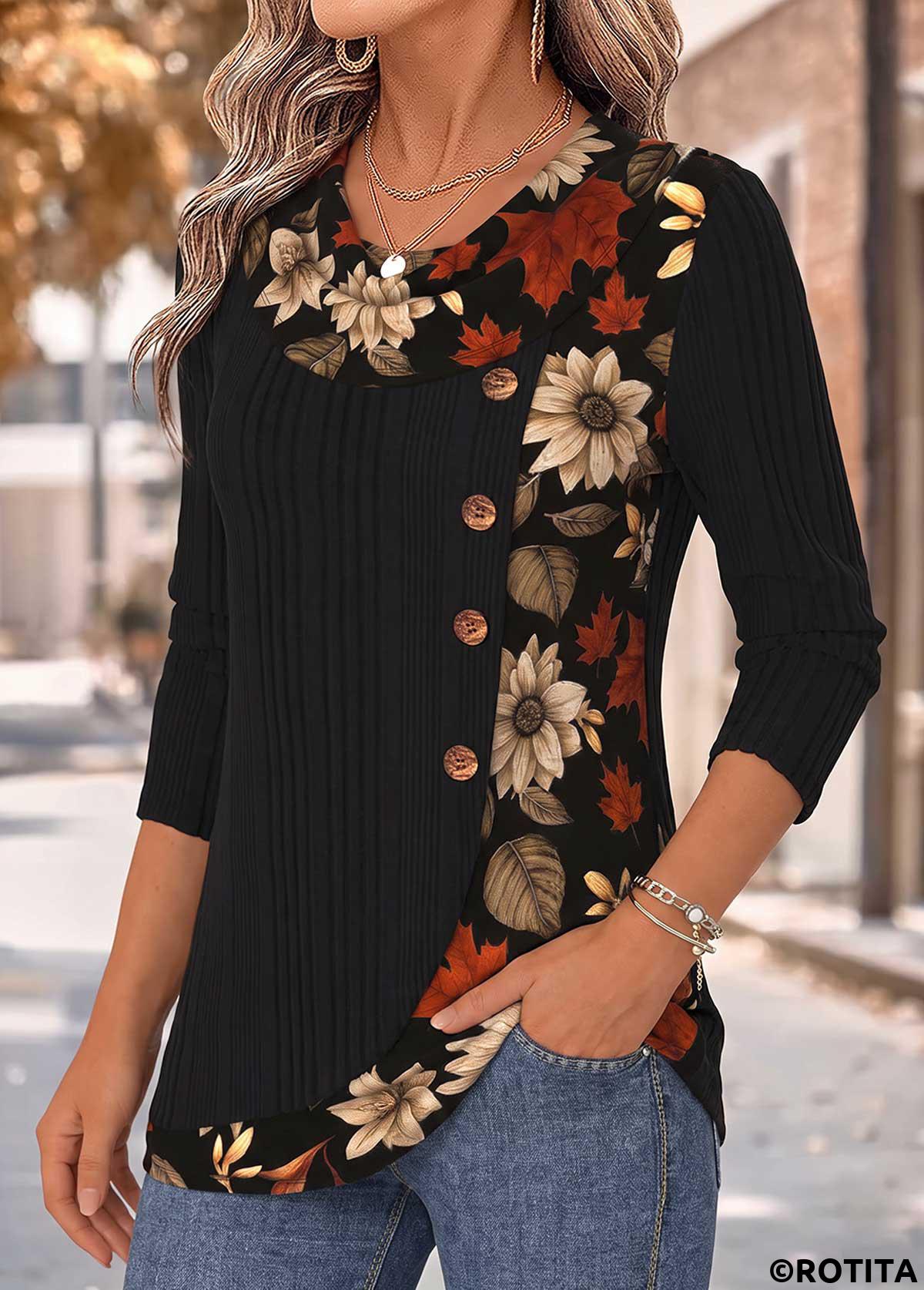 Black tops,Floral tops,Plants tops,ROTITA Patchwork Floral Print Black Draped Neck T Shirt