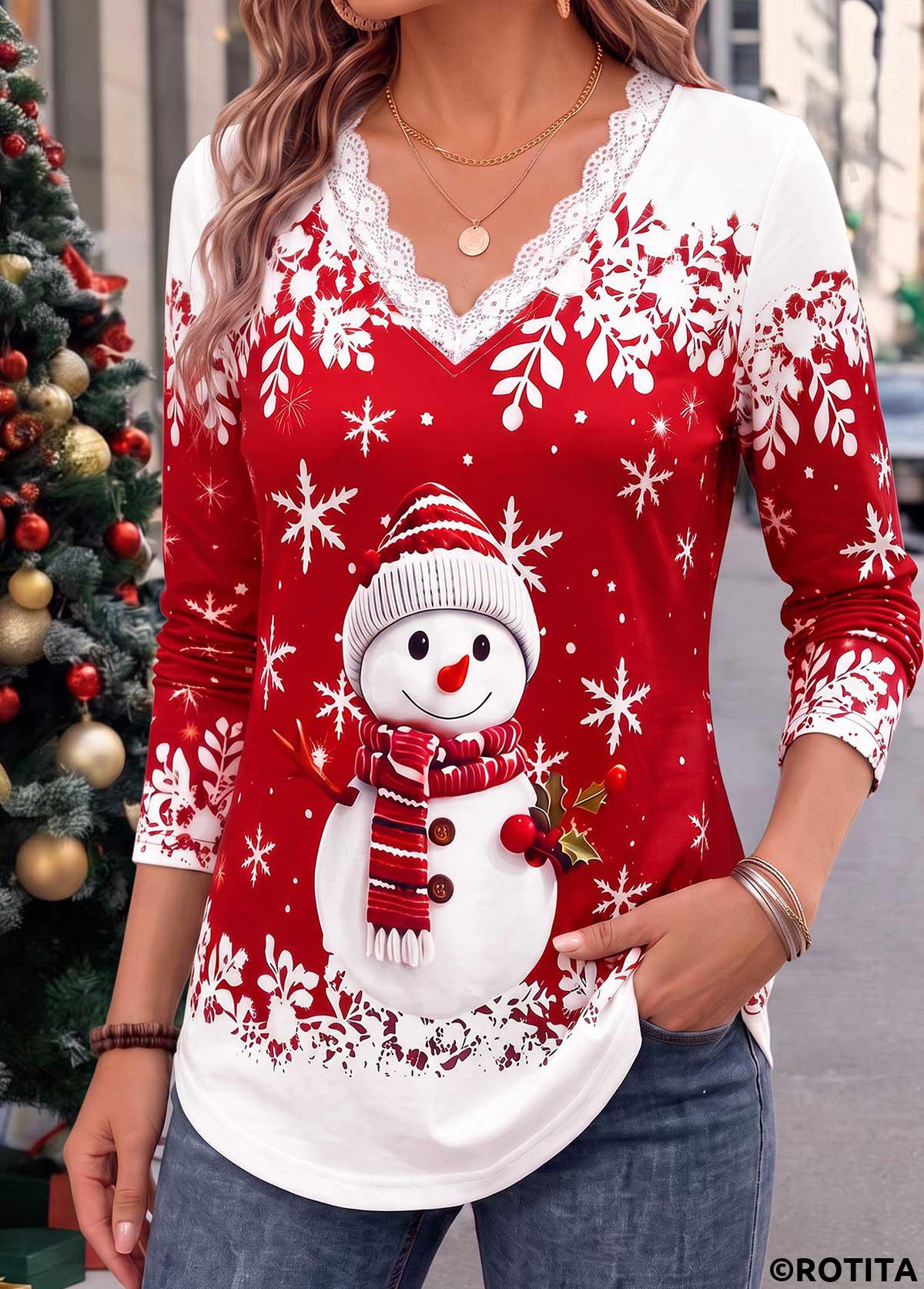 Red tops,Christmas tops,ROTITA Christmas Patchwork Snowman Print Red V Neck T Shirt