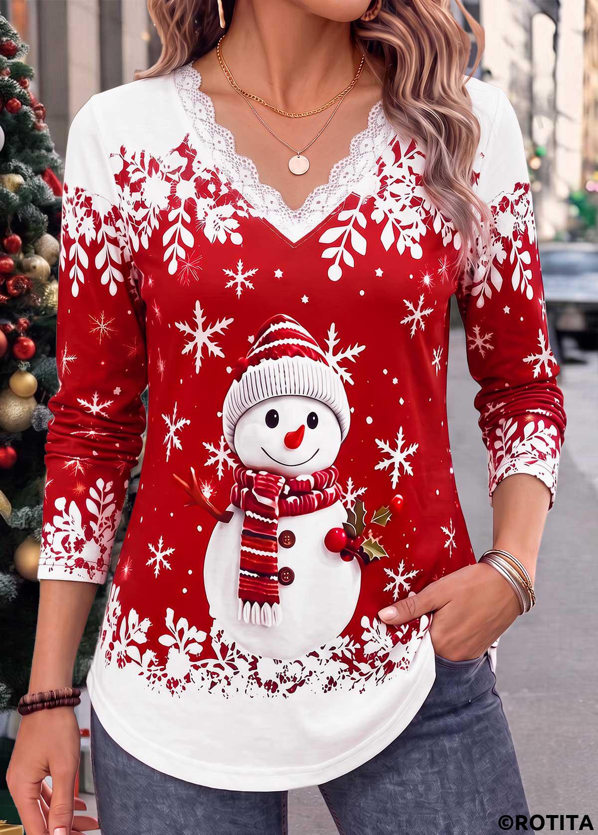 Red tops,Christmas tops,ROTITA Christmas Patchwork Snowman Print Red V Neck T Shirt