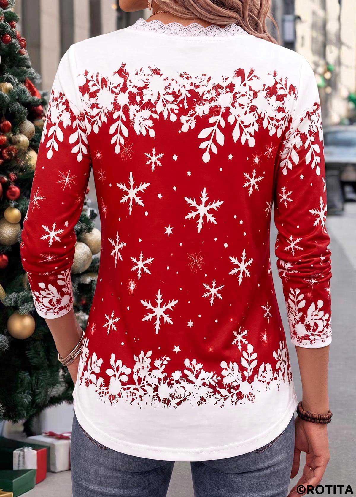 Red tops,Christmas tops,ROTITA Christmas Patchwork Snowman Print Red V Neck T Shirt