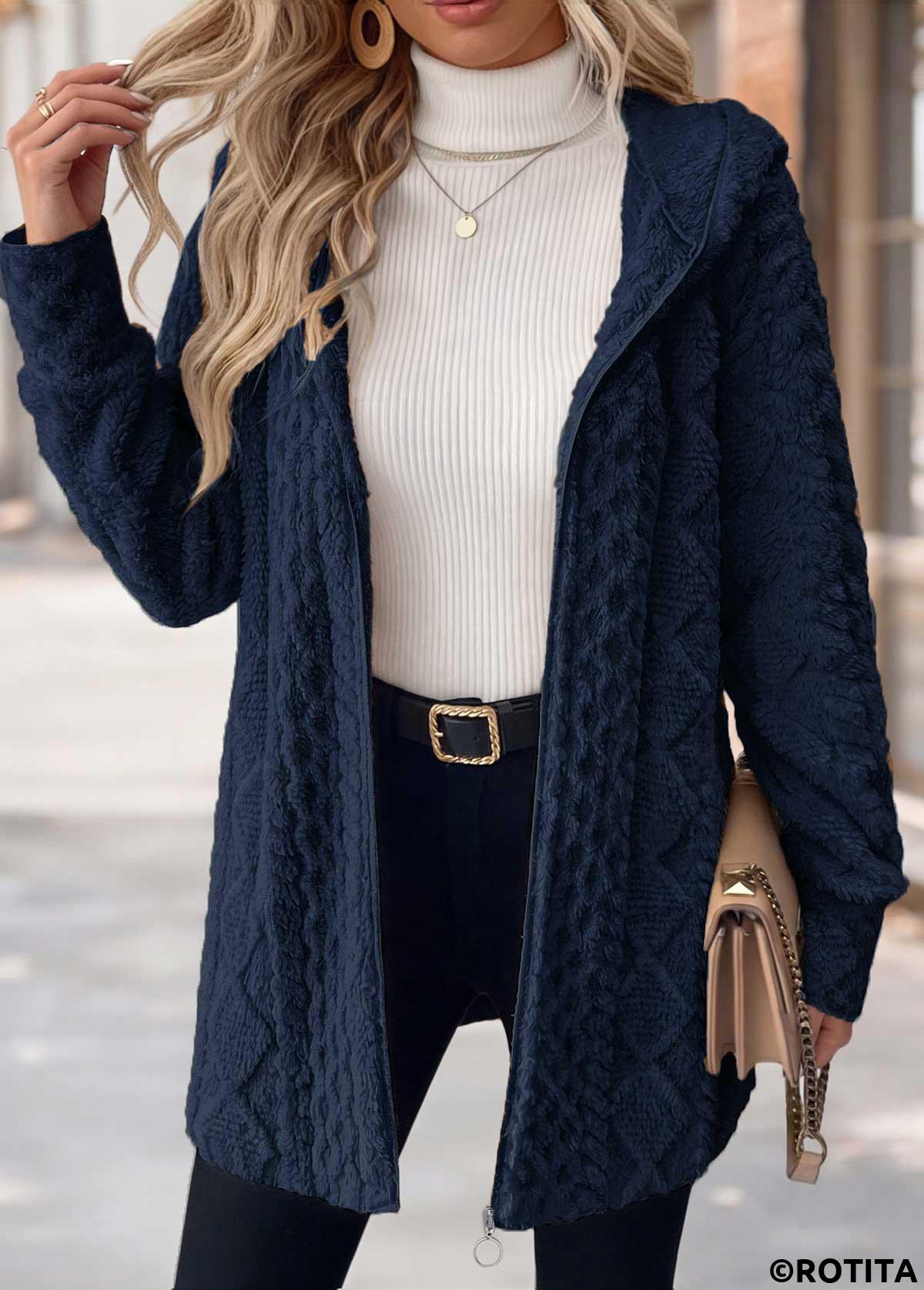 Navy tops,Plain Color tops,ROTITA Tummy Coverage Navy Hooded Long Sleeve Coat