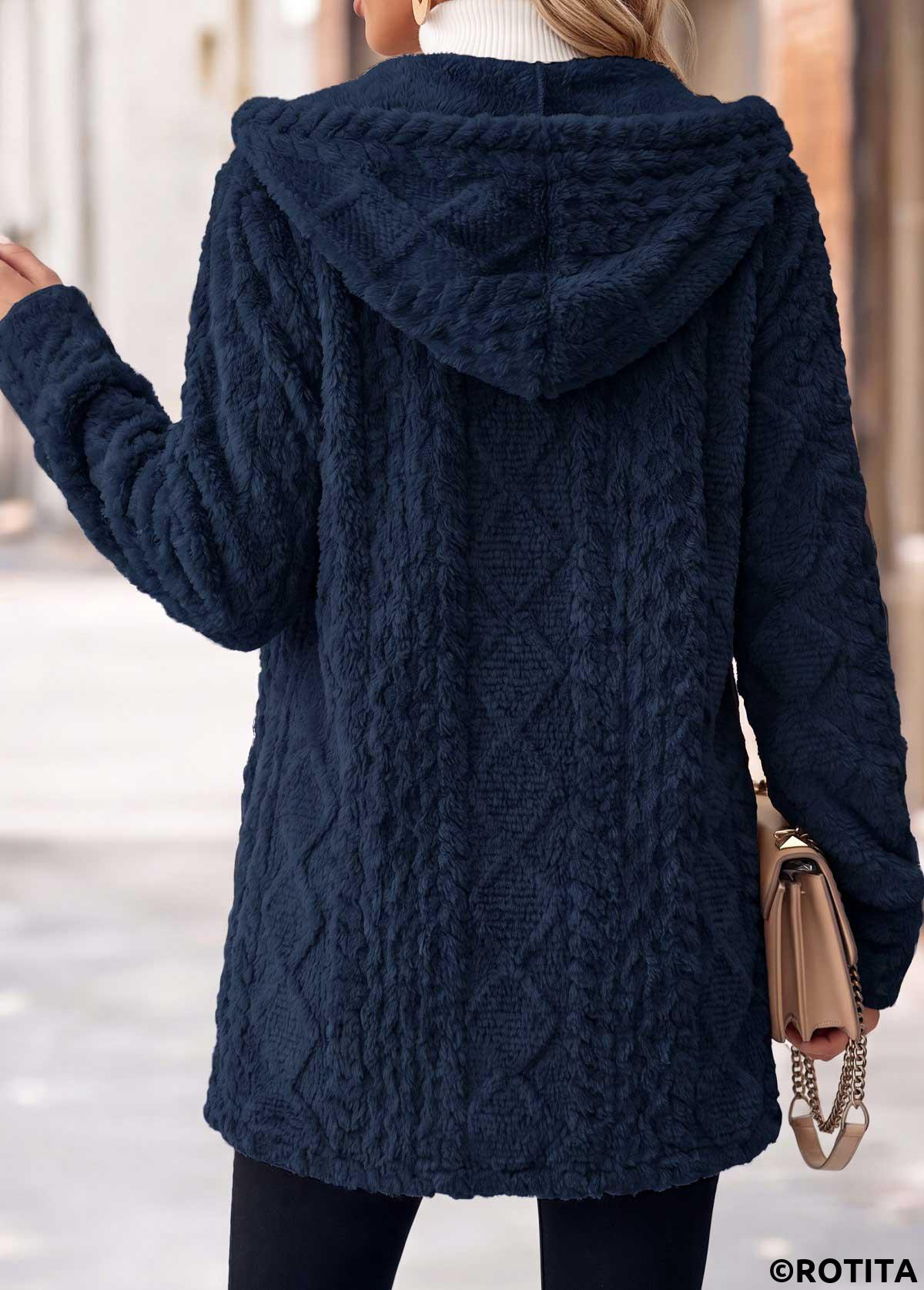 Navy tops,Plain Color tops,ROTITA Tummy Coverage Navy Hooded Long Sleeve Coat