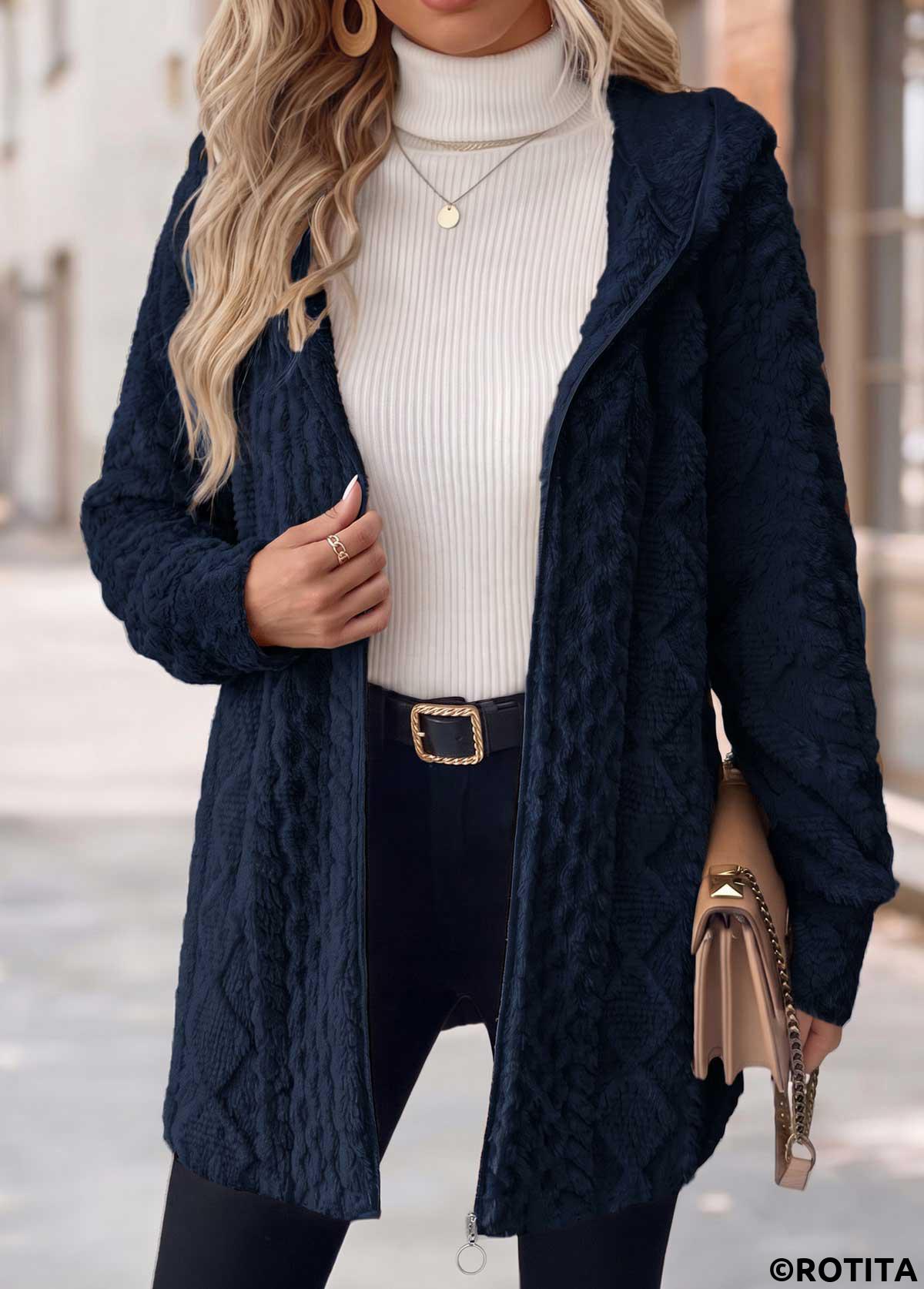 Navy tops,Plain Color tops,ROTITA Tummy Coverage Navy Hooded Long Sleeve Coat