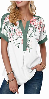 Notch Neck Floral Print Contrast Piping Blouse
