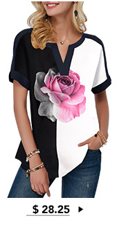 Rose Print Notch Neck Color Block T Shirt