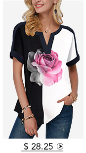 Rose Print Notch Neck Color Block T Shirt