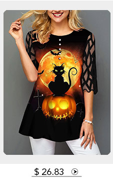 Halloween Print Mesh Panel Button Decorated T Shirt
