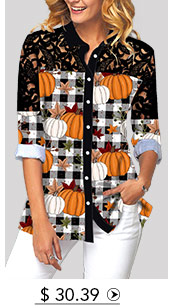 Pumpkin and Plaid Print Lace Panel Button Up Shirt
