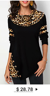 Leopard Print Long Sleeve Button Detail T Shirt
