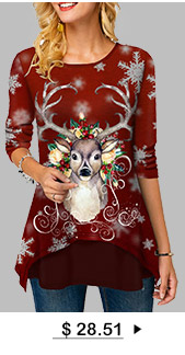 Christmas Elk Print Long Sleeve Round Neck T Shirt
