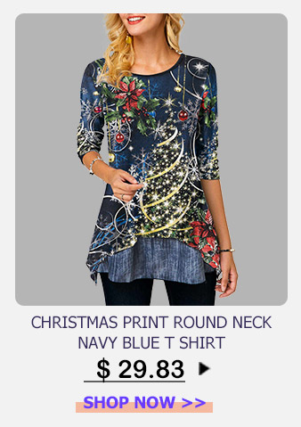 Christmas Print Round Neck Navy Blue T Shirt