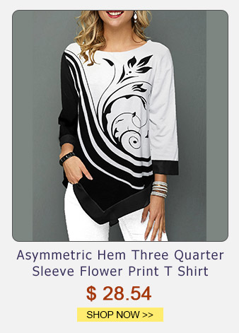 Asymmetric Hem Three Quarter Sleeve Flower Print T Shirt
