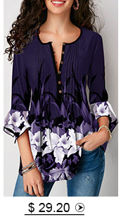Flare Cuff Floral Print Crinkle Chest Blouse
